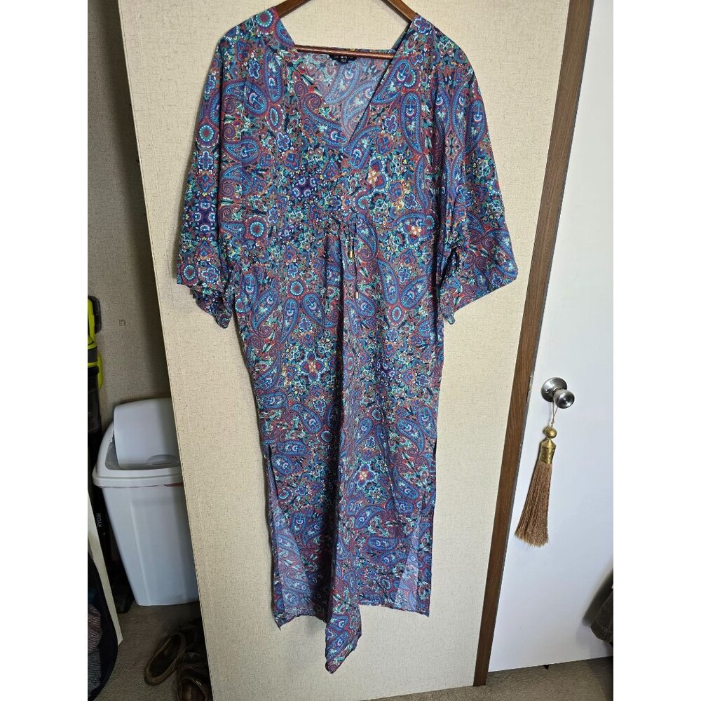 Lands End Paisley Print V-Neck 100% Cotton Maxi Dress L 14-16 Blue & Red